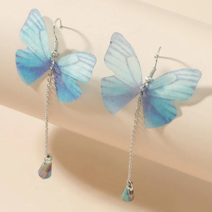 Blue Butterfly Crystal Tassel Earrings