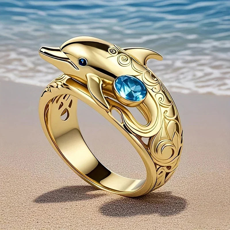 Ocean Dolphin Ring with Blue Crystals